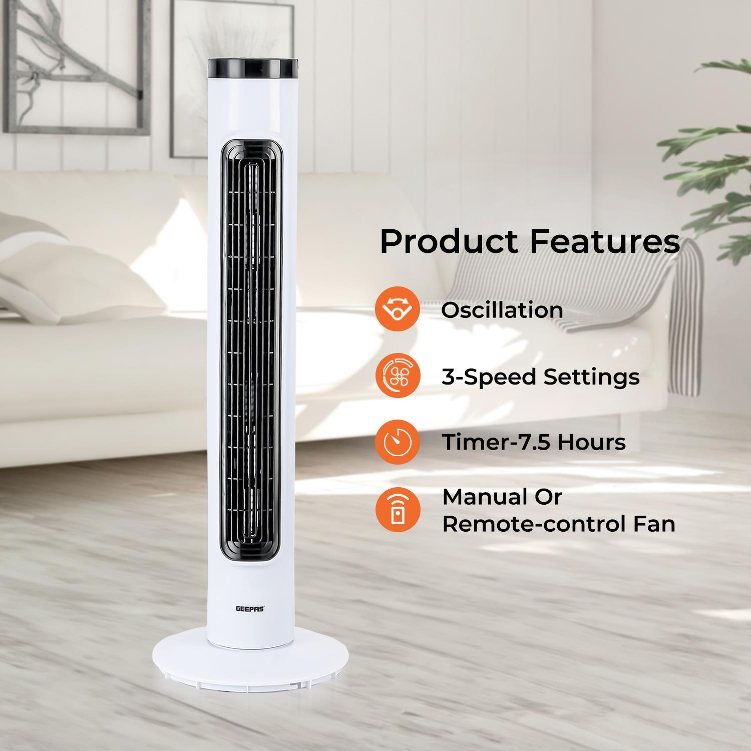 32-Inch Oscillating Tower Fan with 3 Speed Settings and Remote Control