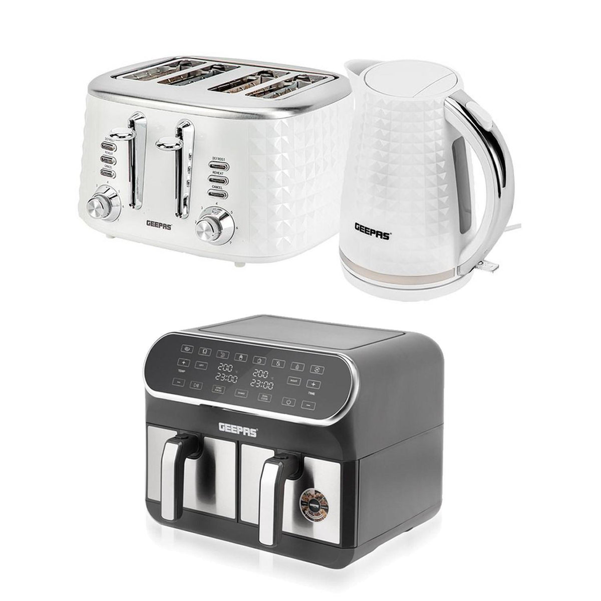 8L Dual Basket Air Fryer, 1.7L Kettle & 4 Slice Toaster Appliance Set