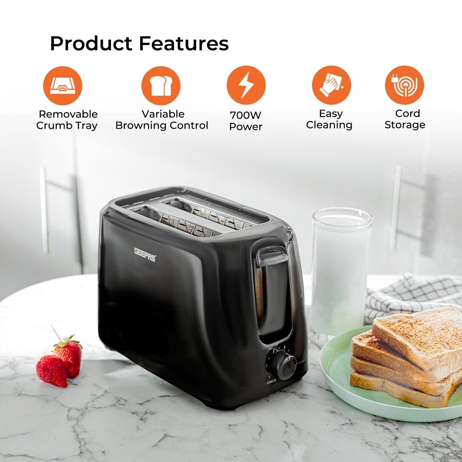 1.8L Black Electric Glass Kettle and Two-Slice Toaster Set