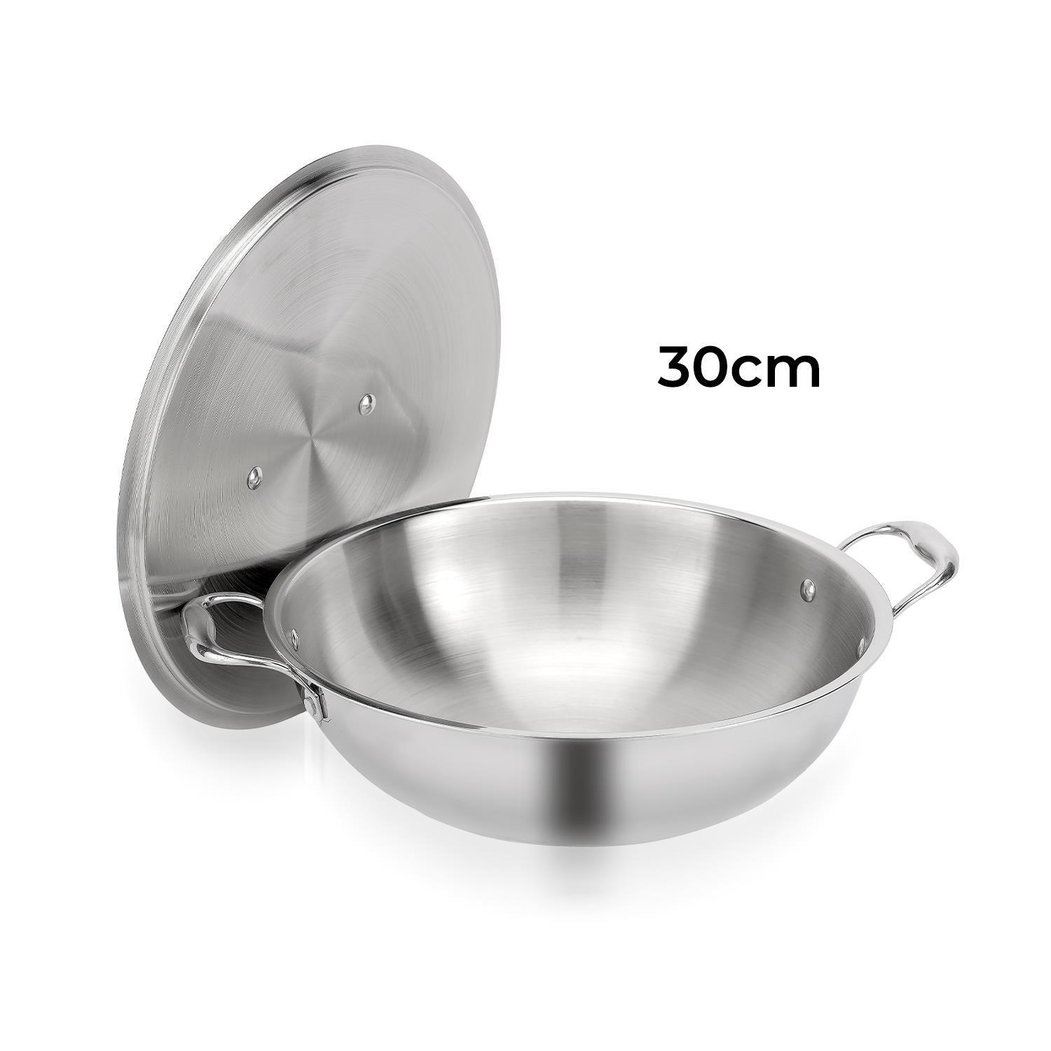 30cm Triply Heavy-Duty Stainless Steel Wok Pan With Lid