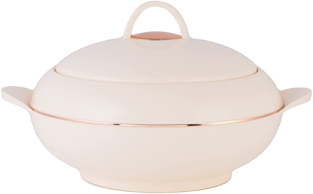 Simple insulated beige casserole dish and hot pot on a white background.