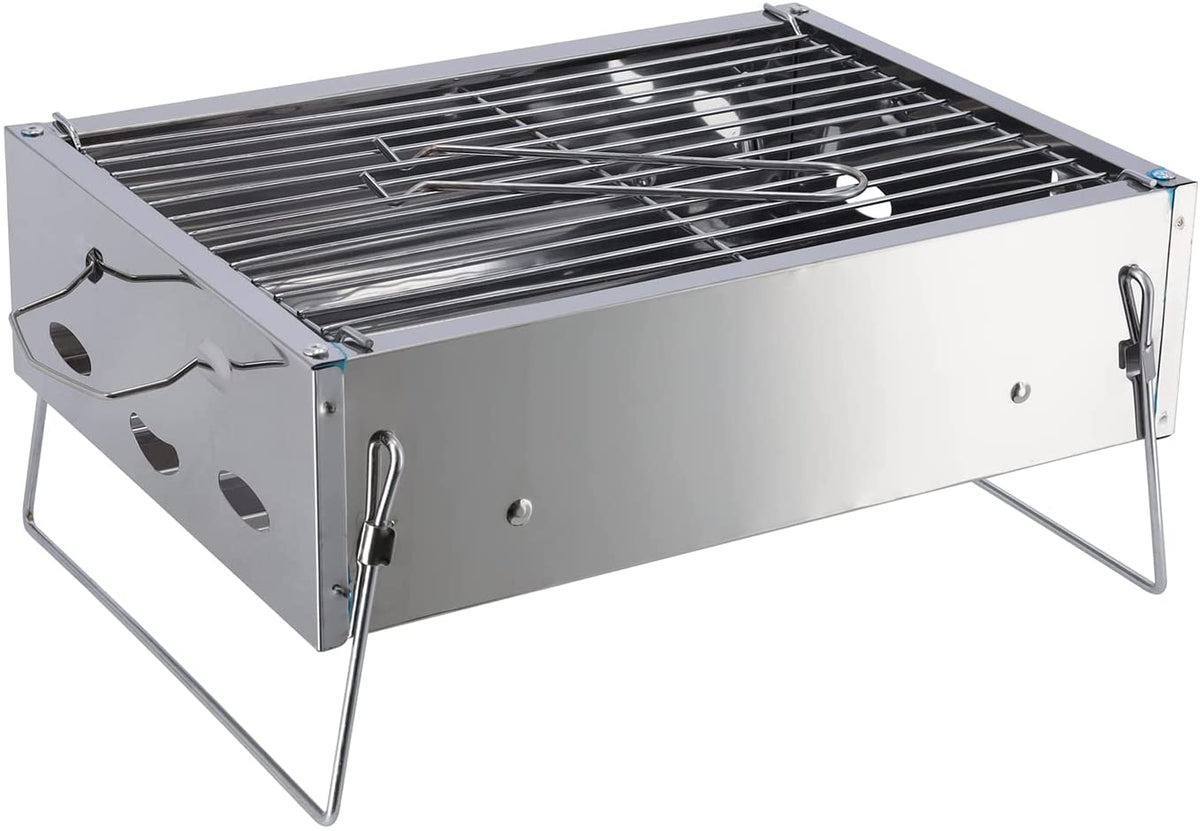 Polished stainless steel portable charcoal barbecue grill.