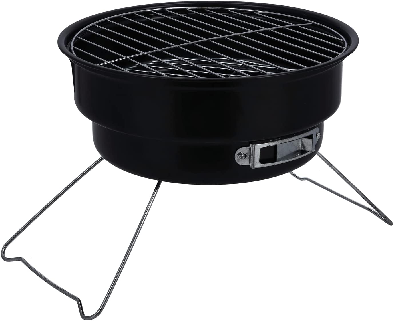 Round black charcoal barbecue with stainless steel legs.