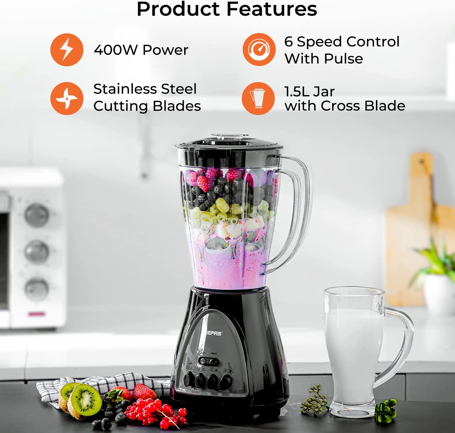 3 in 1 Food Jug Blender with 1.5L Jar, 6 Speed Control with Pulse