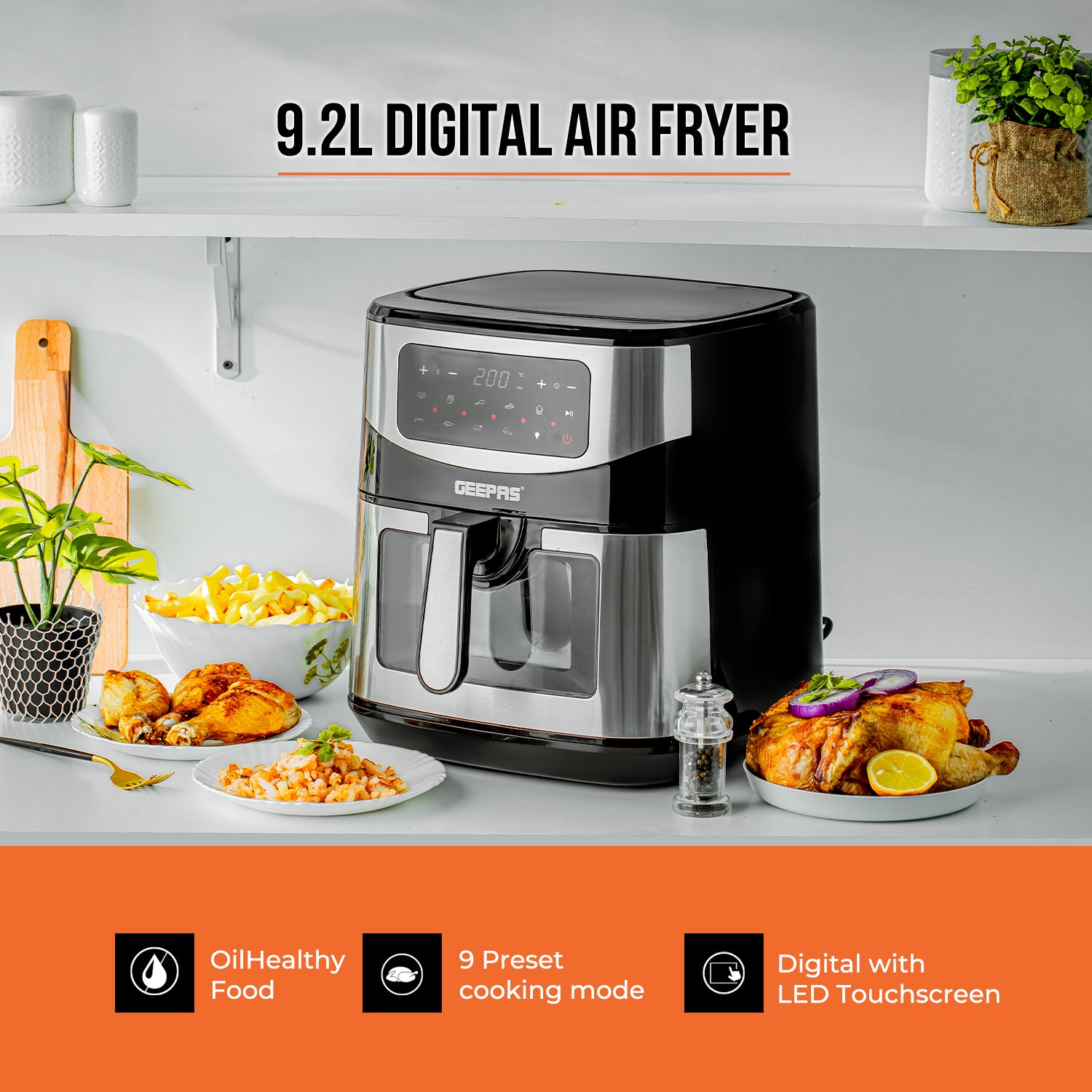 Image showing off the three main features of the 9.2 litre air fryer - oil free healthy cooking, 9 preset cooking modes, digital air fryer with an LED touchscreen display.