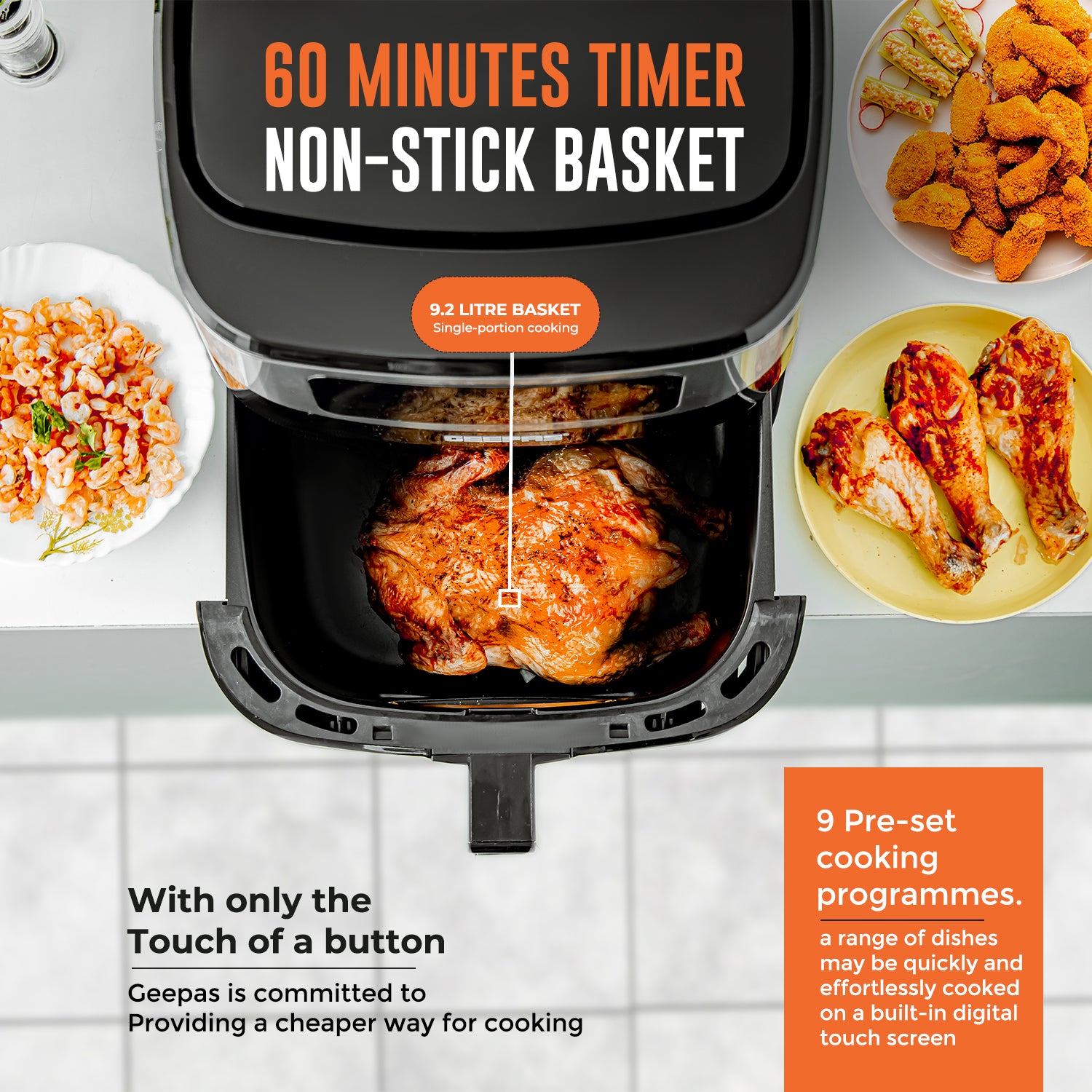 Image showing of the 60 minute timer on the 9.2 litre digital air fryer. It also shows the non-stick air frying basket of the air fryer.