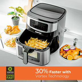 Vortex cooking technology in the geepas 9.2 litre air fryer cooks food 30% faster than other models of air fryers and up to 90% less fat and oil.