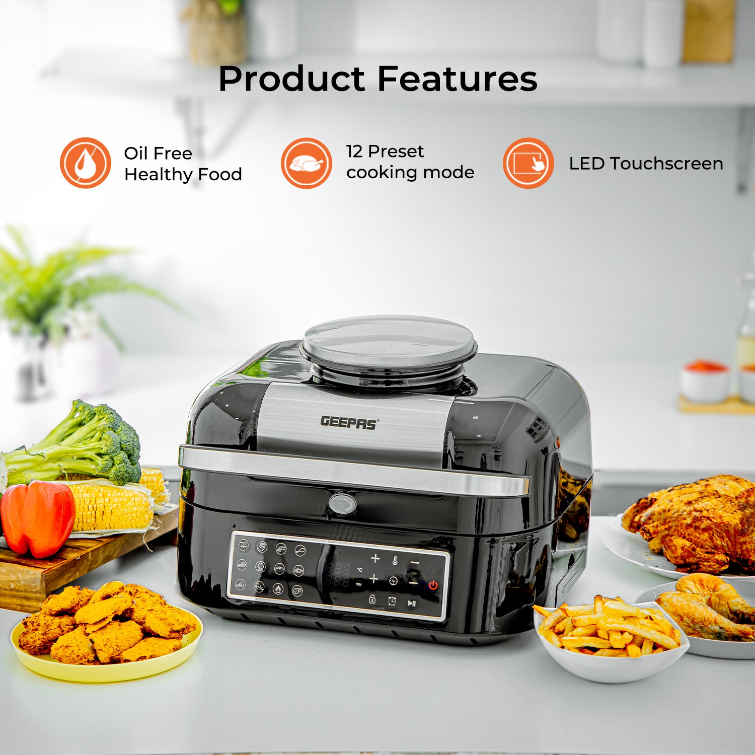 The three main product features of the 12 in 1 healthy air fryer grill - oil free healthy cooking, 12 preset cooking modes and LED touchscreen display