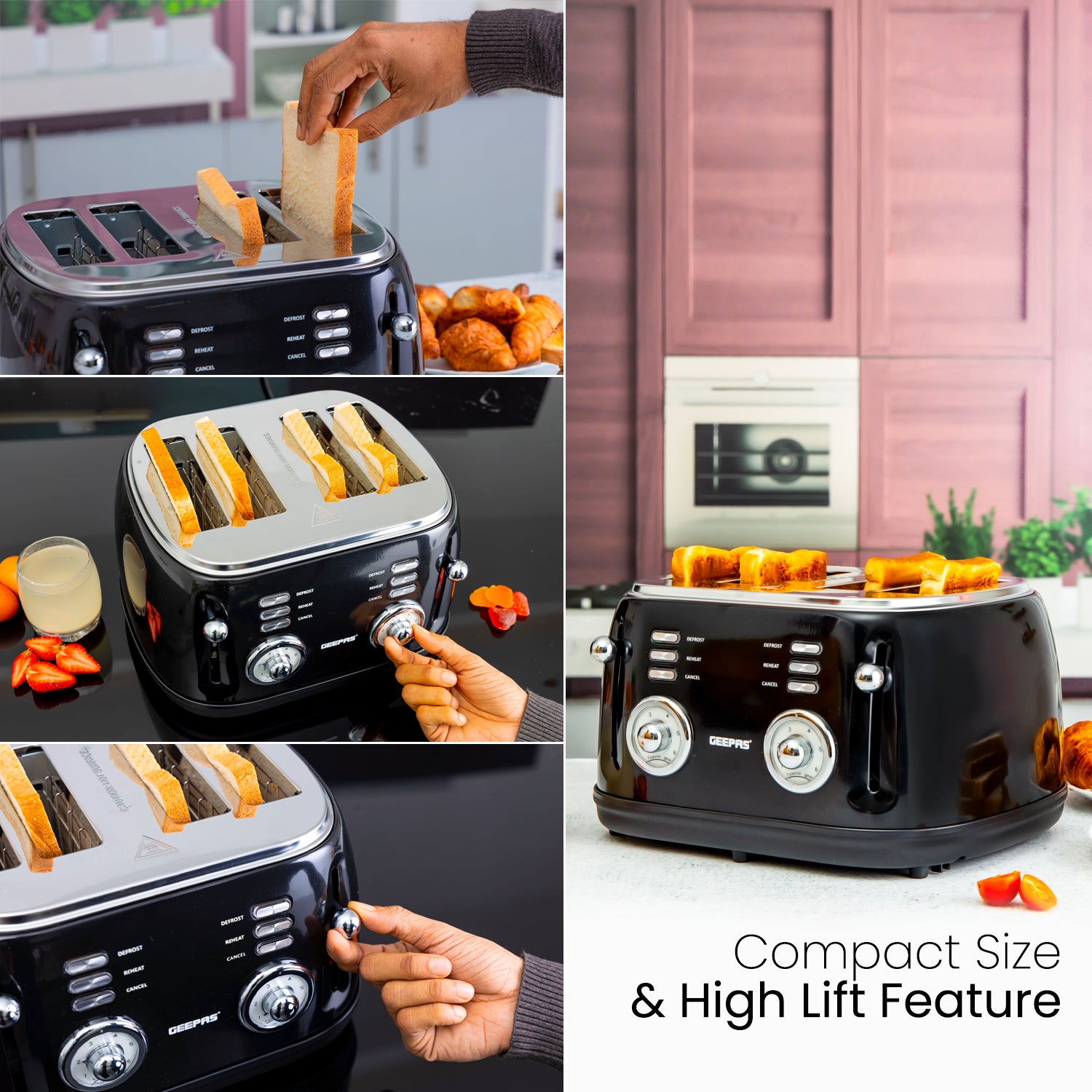 Black Classic 4-Slice Vintage Bread Toaster | Geepas UK