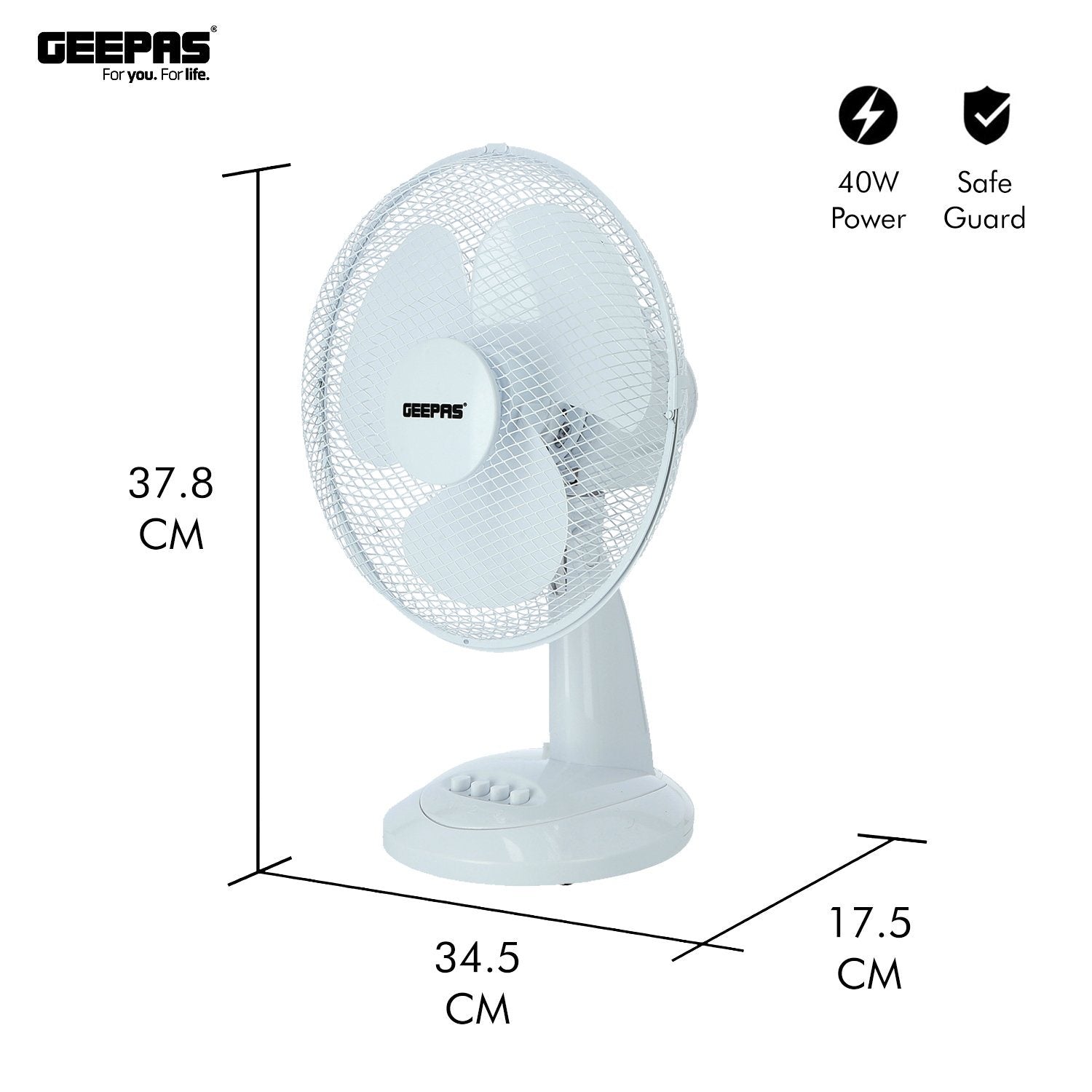 This image shows of the sizing of the white cooling fan which is 37.8cm x 24.5cm x 17.5cm