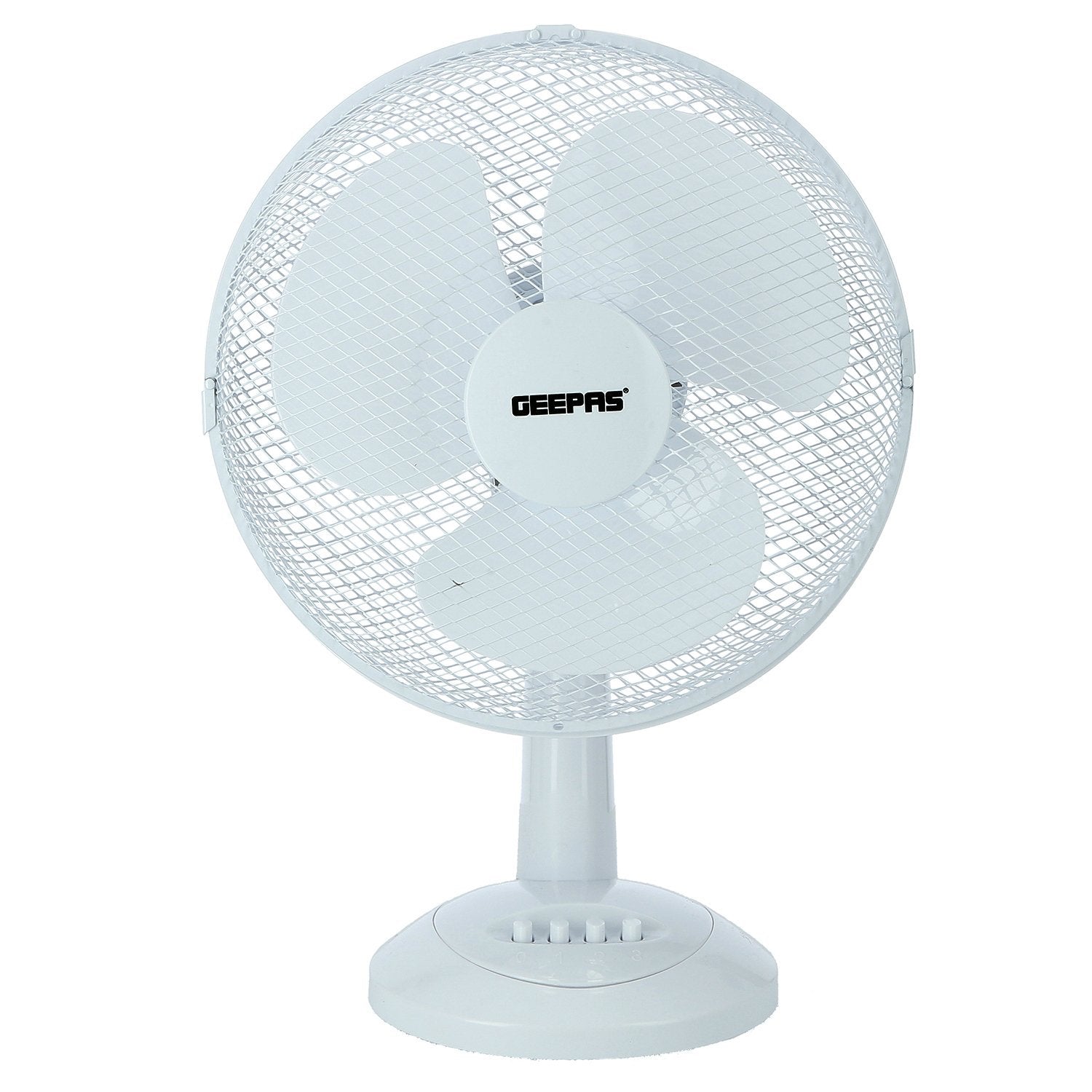The 12 inch white electric cooling fan placed on a transparent white backgorund.