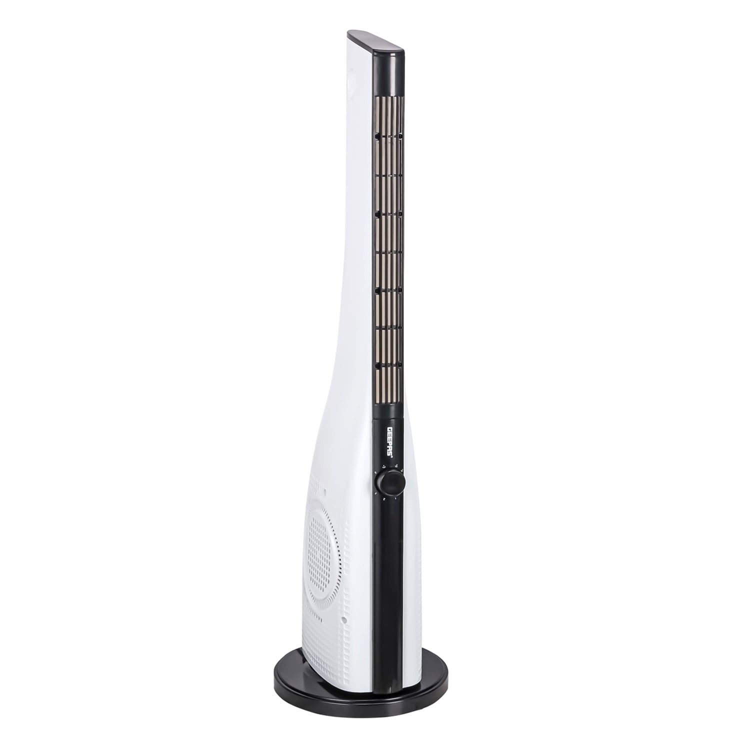 This image shows the bladeless white electric tower fan standing against a plain white background.