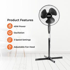 The image shows off the 16" black pedestal cooling fan on a wooden living room floor along with some living room furniture in the background. The image also shows the different product features of the fans such as a 40W power output, oscillation, three speed settings and an adjustable fan head.