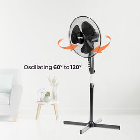 This image shows off the oscillation for the fan. The fan features a 60 to 120 degree oscillation.