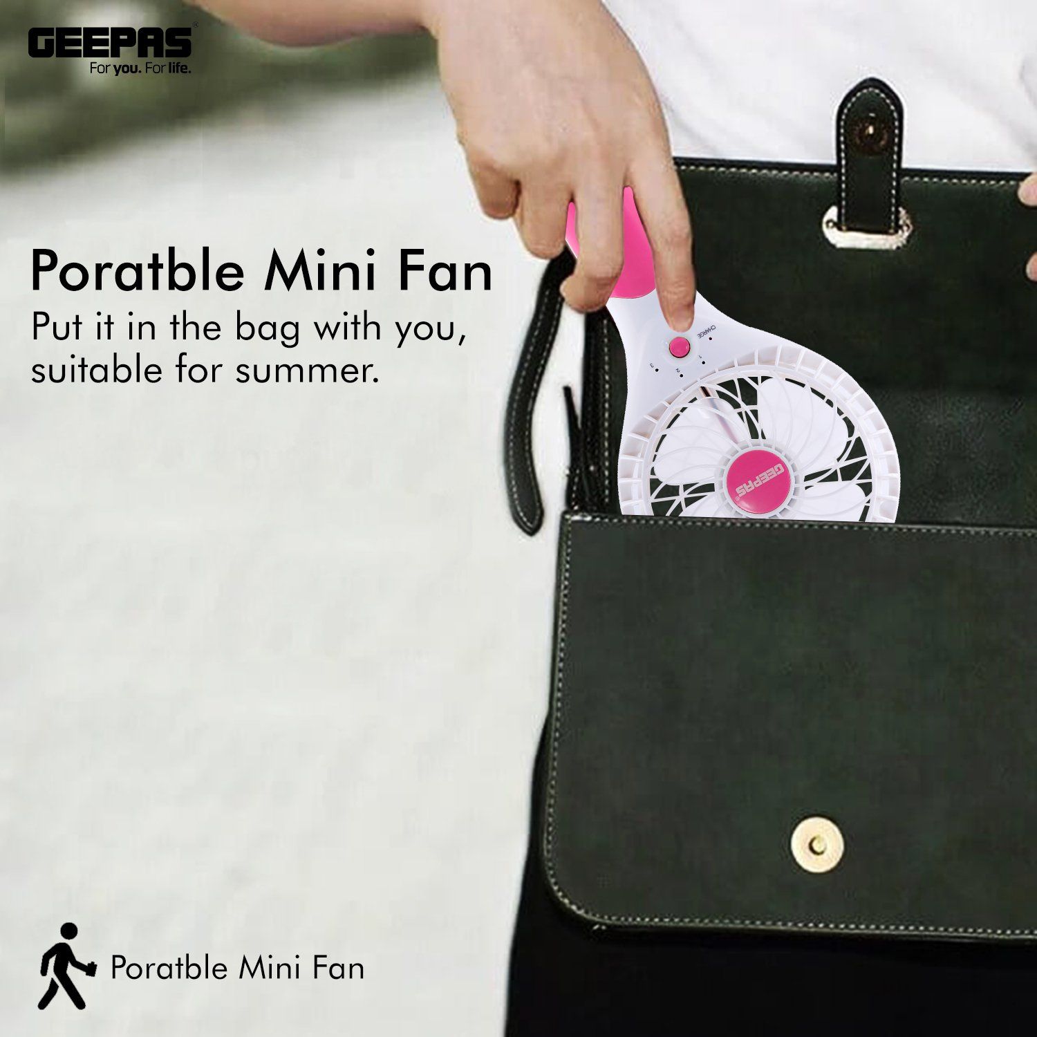 Geepas Rechargeable Mini Fan | Personal Portable Fan | Pink Fan Geepas | For you. For life. 