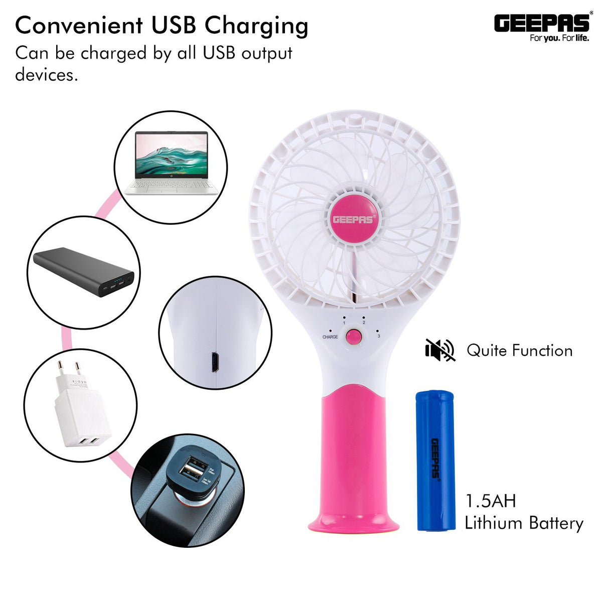 Geepas Rechargeable Mini Fan | Personal Portable Fan | Pink Fan Geepas | For you. For life. 