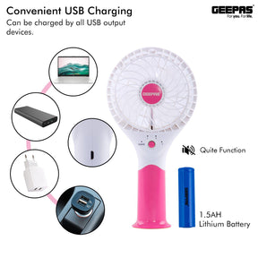 Geepas Rechargeable Mini Fan | Personal Portable Fan | Pink Fan Geepas | For you. For life. 