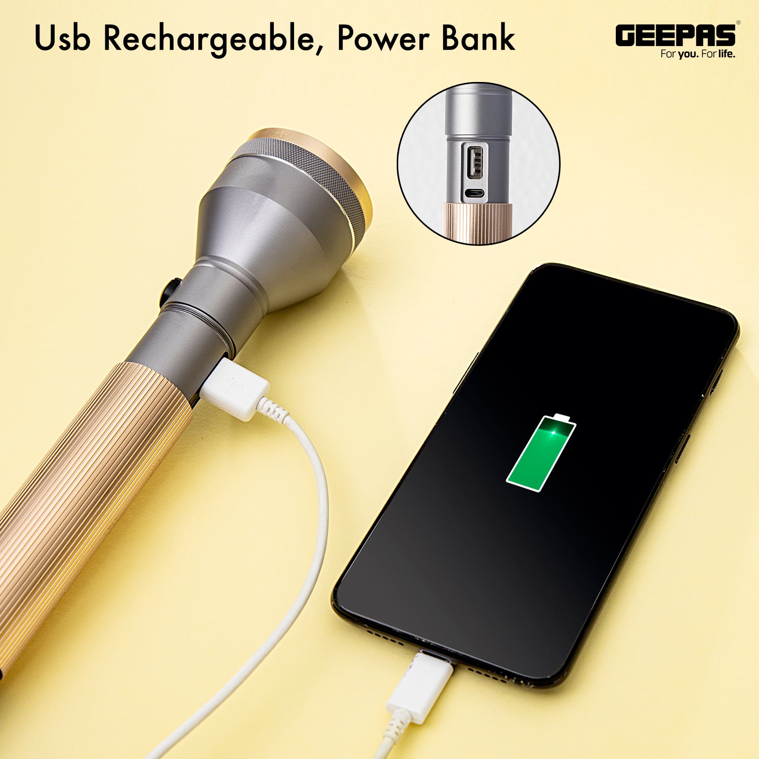 Geepas | For you. For life. 340 Lumens Rose Gold LED Torch With Power Bank Lighting