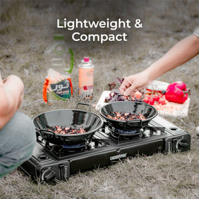 The double stainless steel gas stove is lightweight and compact which makes it easy for transportation and camping.