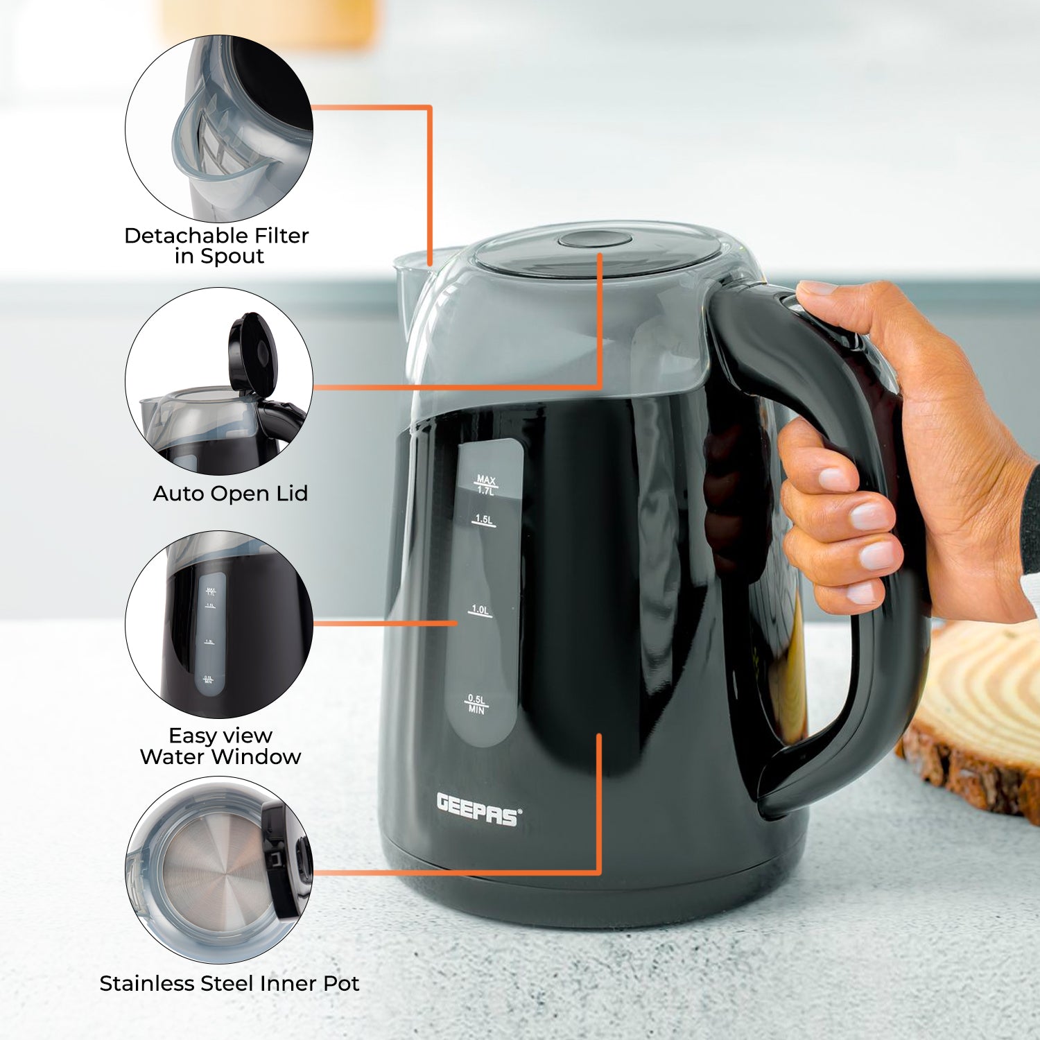 BLACK+DECKER™ 1.7L Rapid Boil Electric Kettle, Boils up to 7 Cups of Water,  Gray