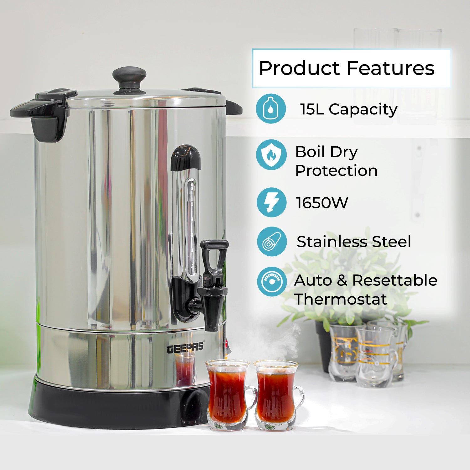 15 L Stainless Steel Tea Urn Electric Catering Hot Water Boiler