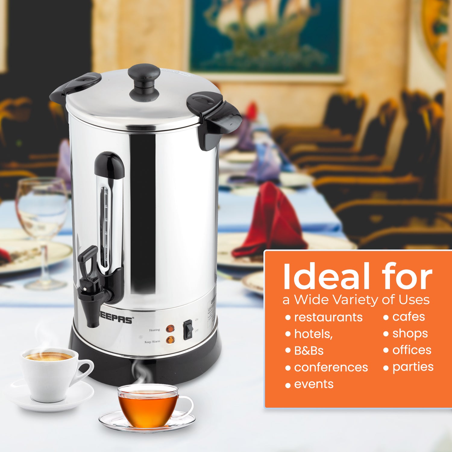 image shows off the commercial, hospitality and catering purposes of the electric urn.