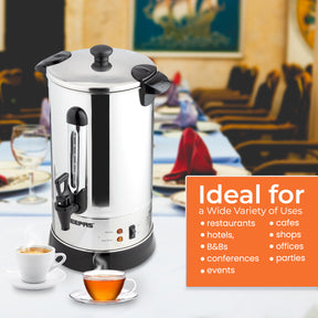 image shows off the commercial, hospitality and catering purposes of the electric urn.