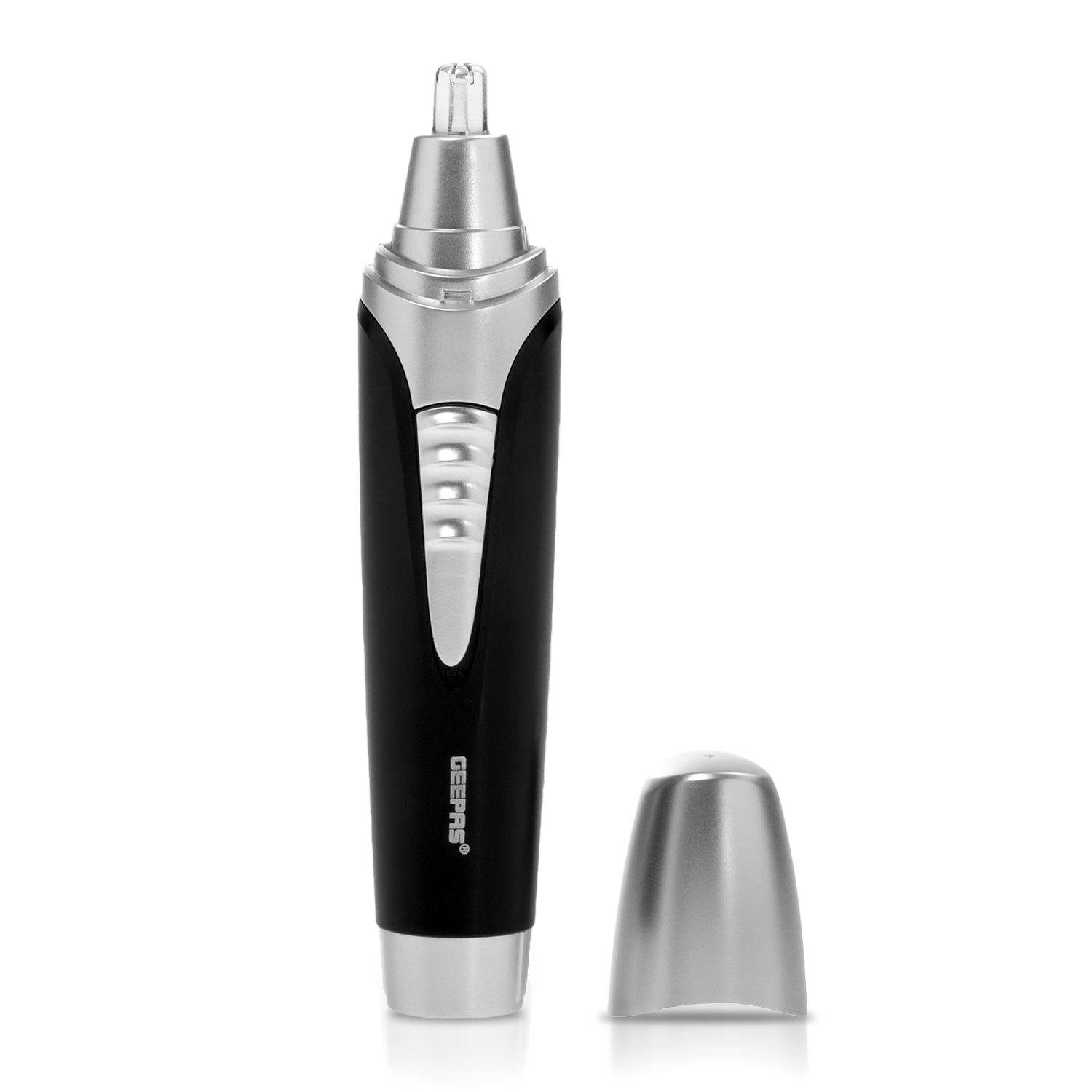 The image shows off the portable geepas nose and ear hair trimmer, part of the men's grooming set. The trimmer is stood up on a clear white back ground with the protective lid taken off and placed besides it.