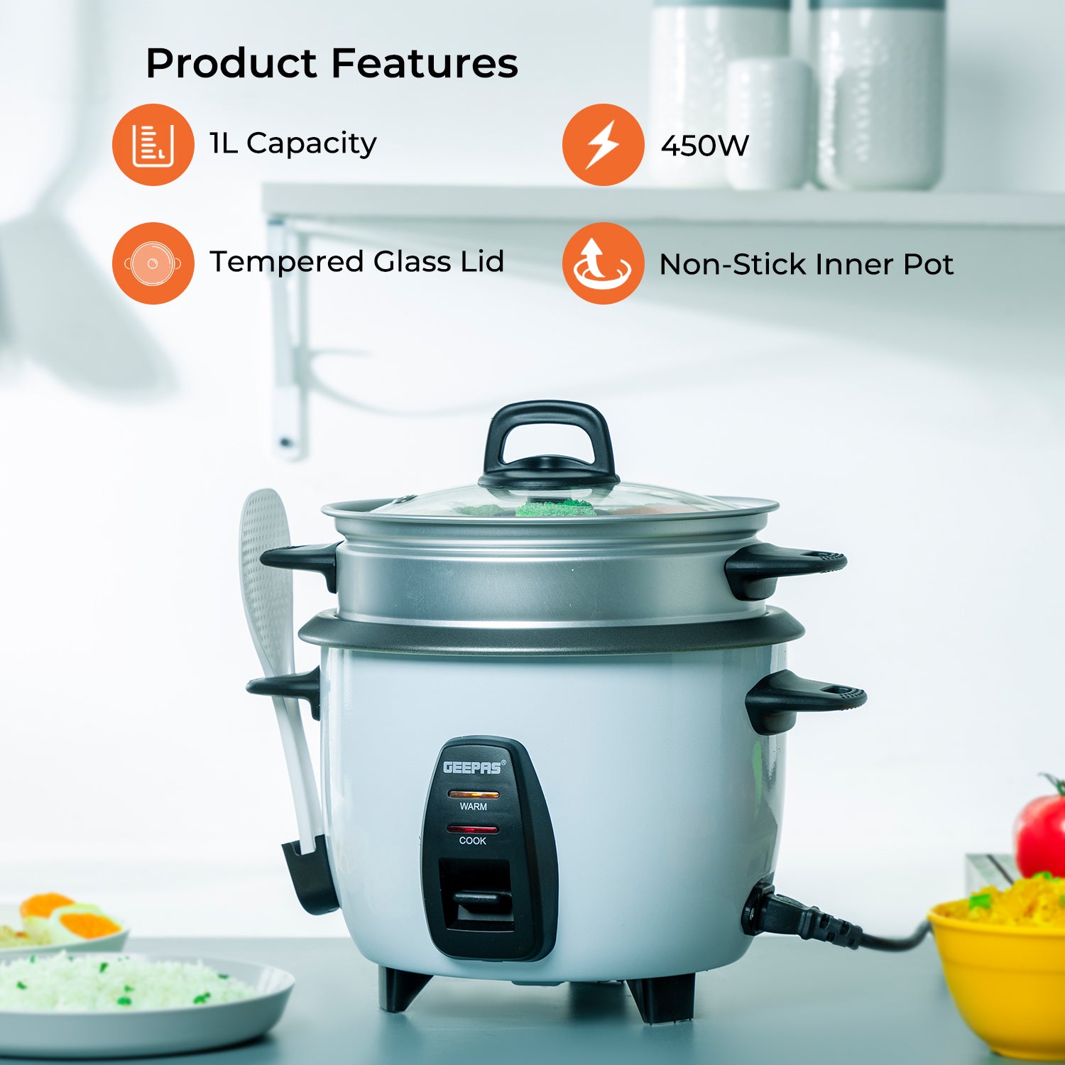 3-In-1 Instant Rice Cooker and Steamer 1L