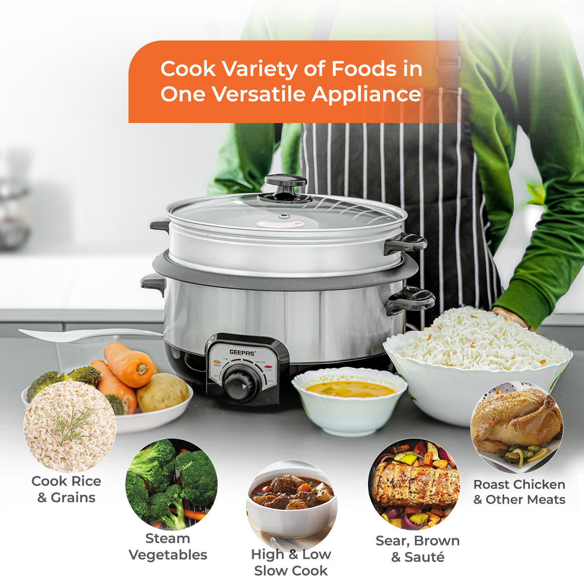 Large Multi Cooker 7-In-1 Energy Smart Multi-Cooker and Slow Cooker Pot | Geepas UK