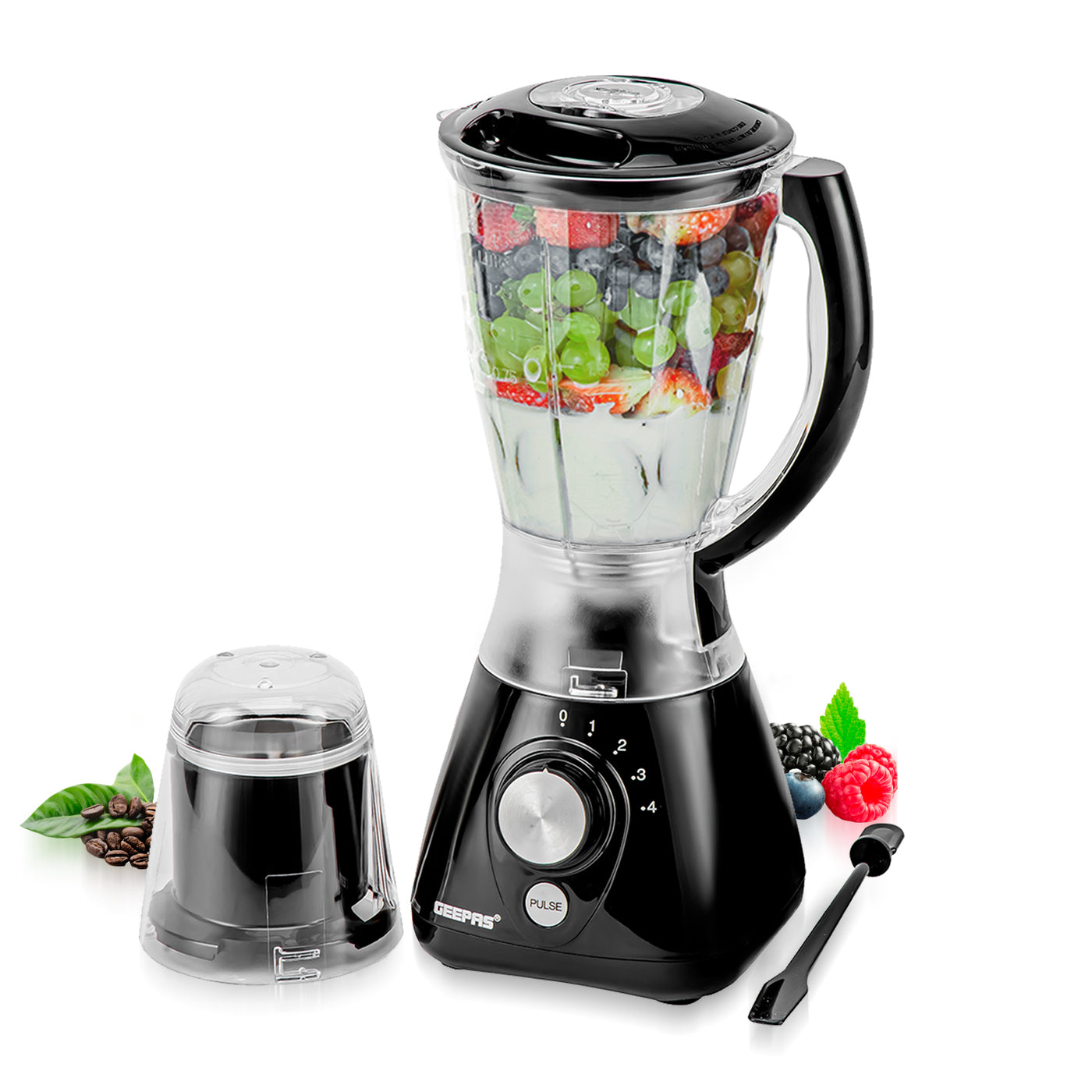 Geepas 550W 2 in 1 Food Jug Blender with 1.5L BPA Free Jar | 4 Sharp Stainless Steel Blades with 2 Speed | Ice Crusher, Mill, Coffee/Spice Grinder & Smoothie Maker