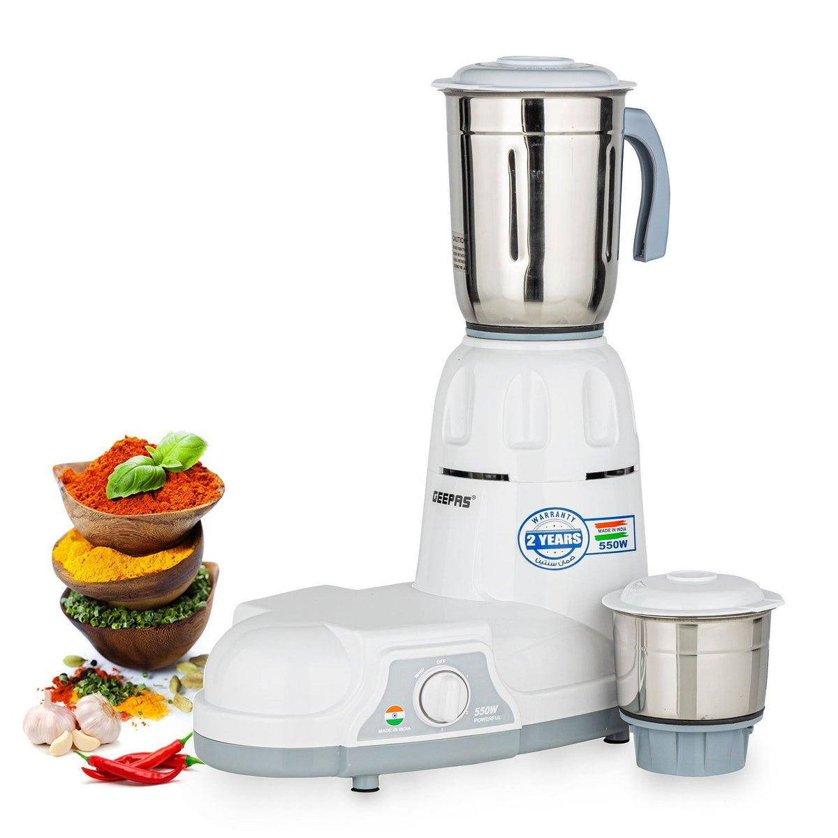 550W 2-in-1 Mixer Grinder, White Processor Geepas | For you. For life. 