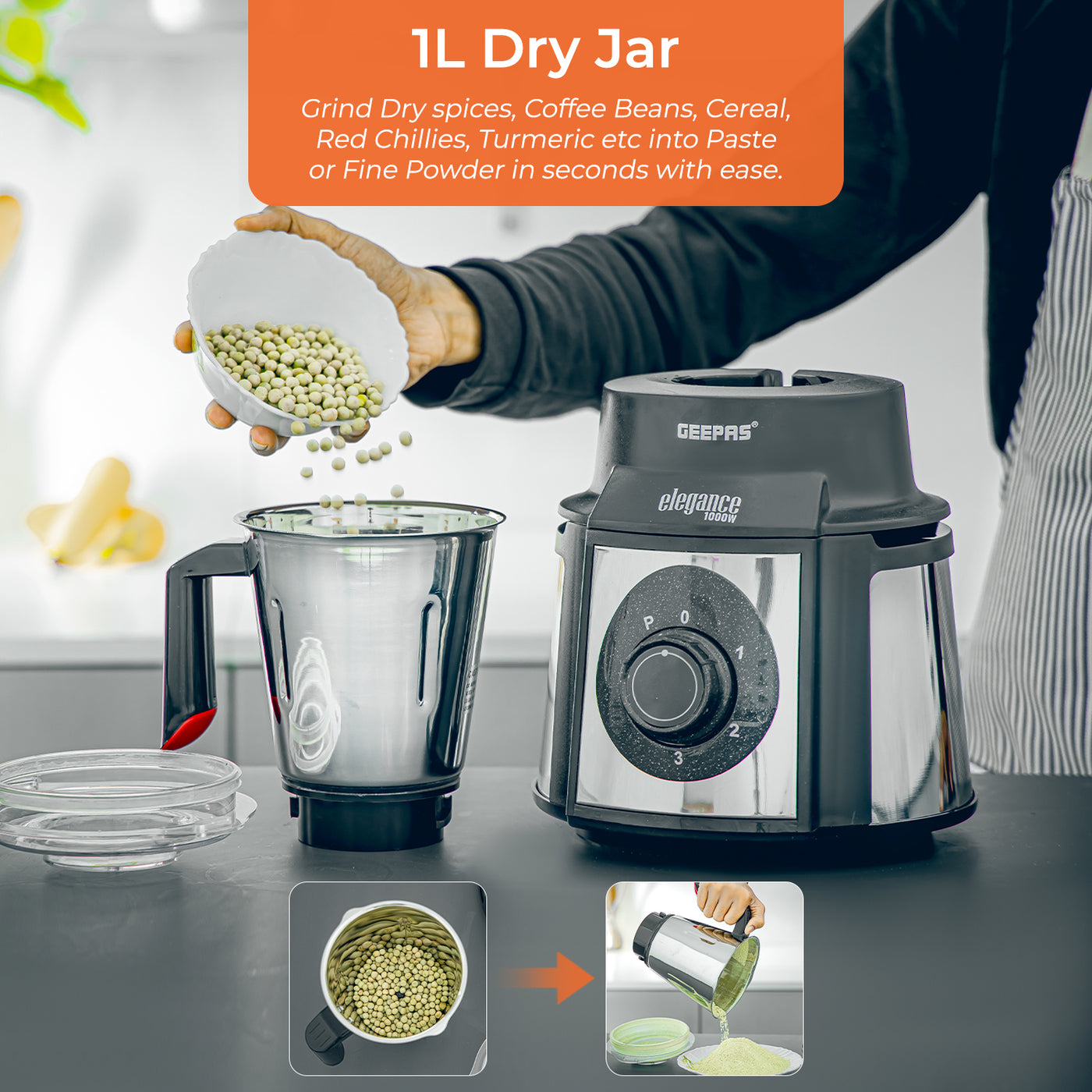 5in1 'Elegance' Wet & Dry Electric Mixer Grinder 1000W Geepas UK