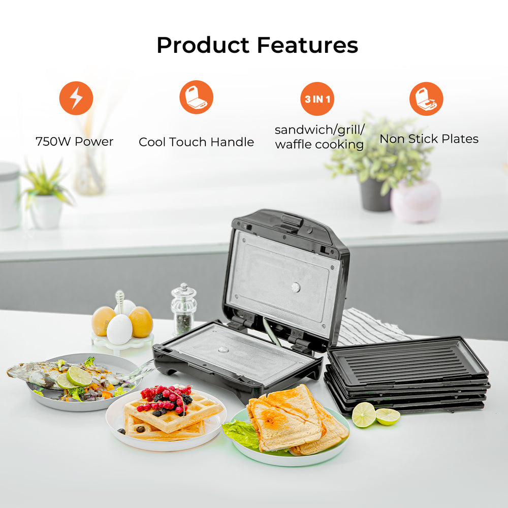 3In1 Interchangeable Sandwich Maker, Grill & Waffle Maker Geepas