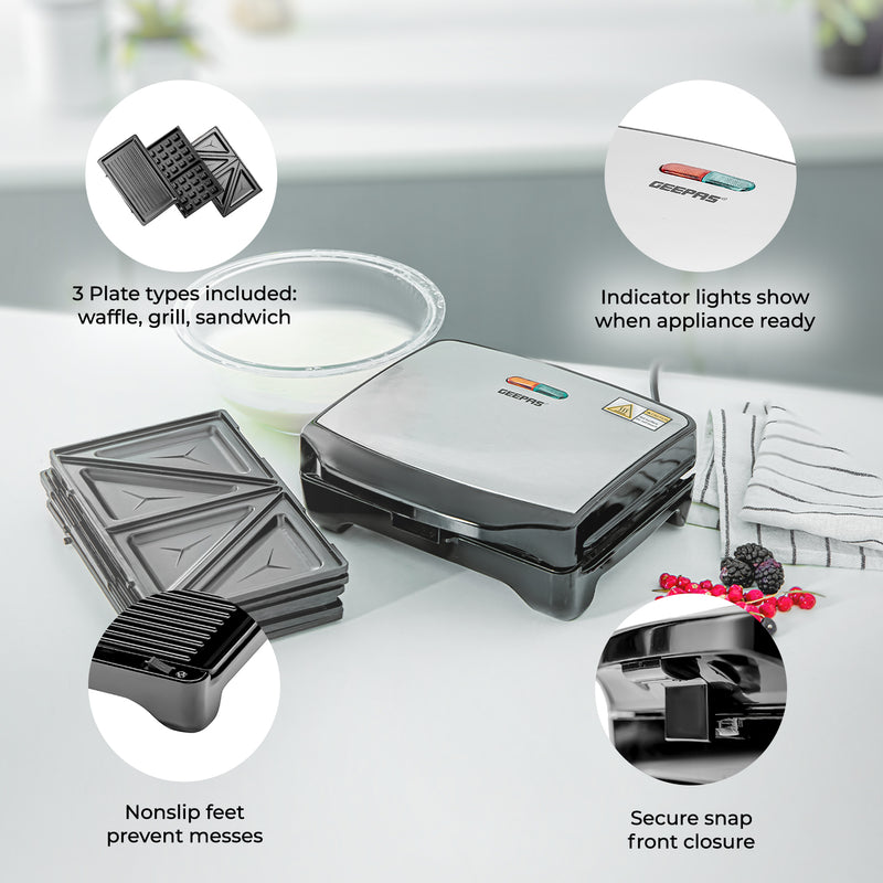 3In1 Interchangeable Sandwich Maker, Grill & Waffle Maker Geepas