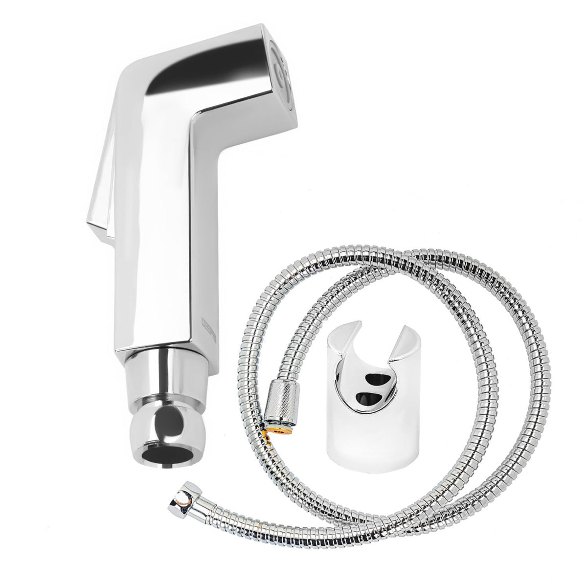 Stainless steel polished portable toilet bidet sprayer/bidet/shattaf/douche. Besides it you have the hose that connects the shattaf and a water source along with a handle for the bidet.