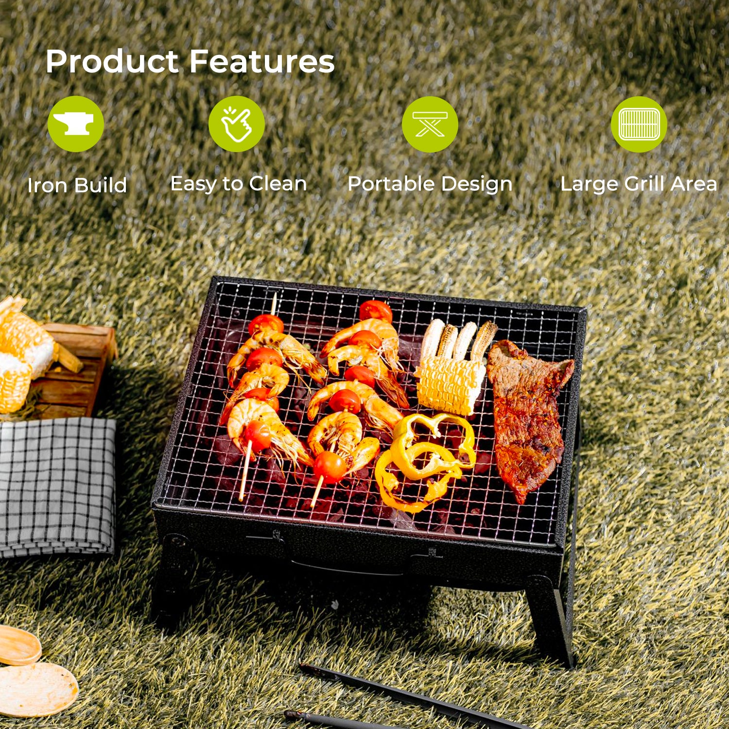 35cm Grey Cast Iron Folding BBQ Grill With Accessories