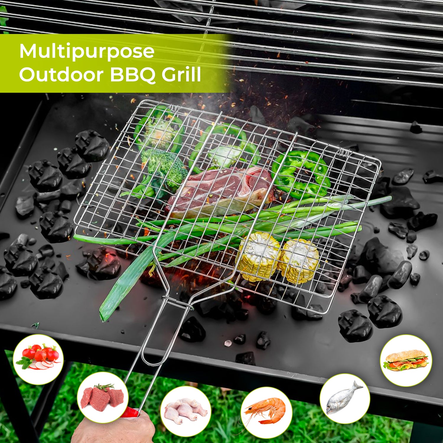 Stainless Steel BBQ Grilling Basket With Handle (30cm)