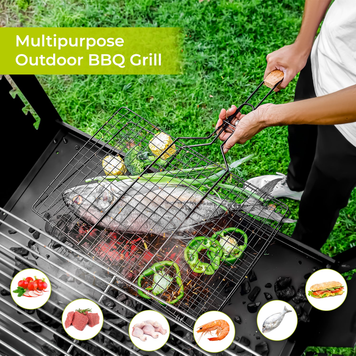Black Stainless Steel Grilling Basket With Handle 22cm