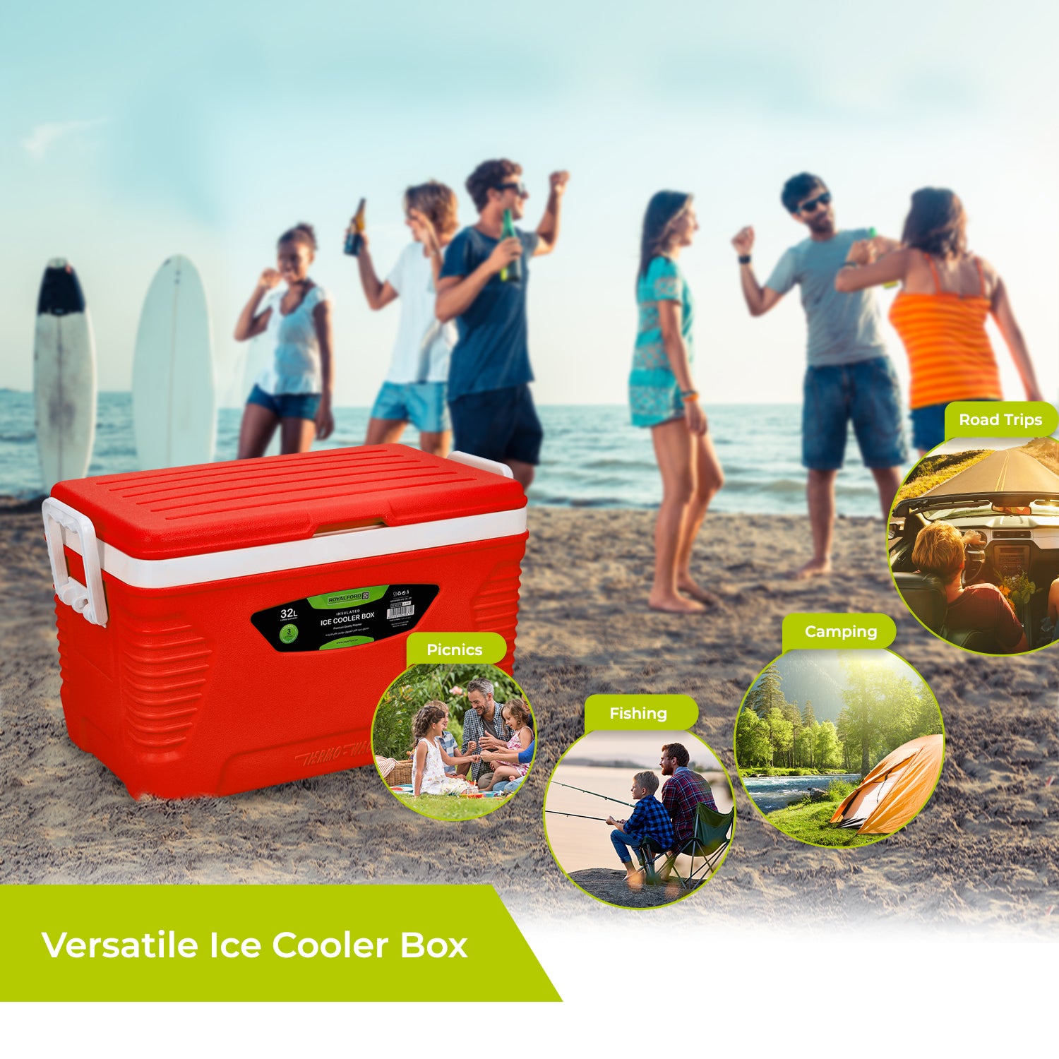32L Portable Insulated Red Ice Cooler Box