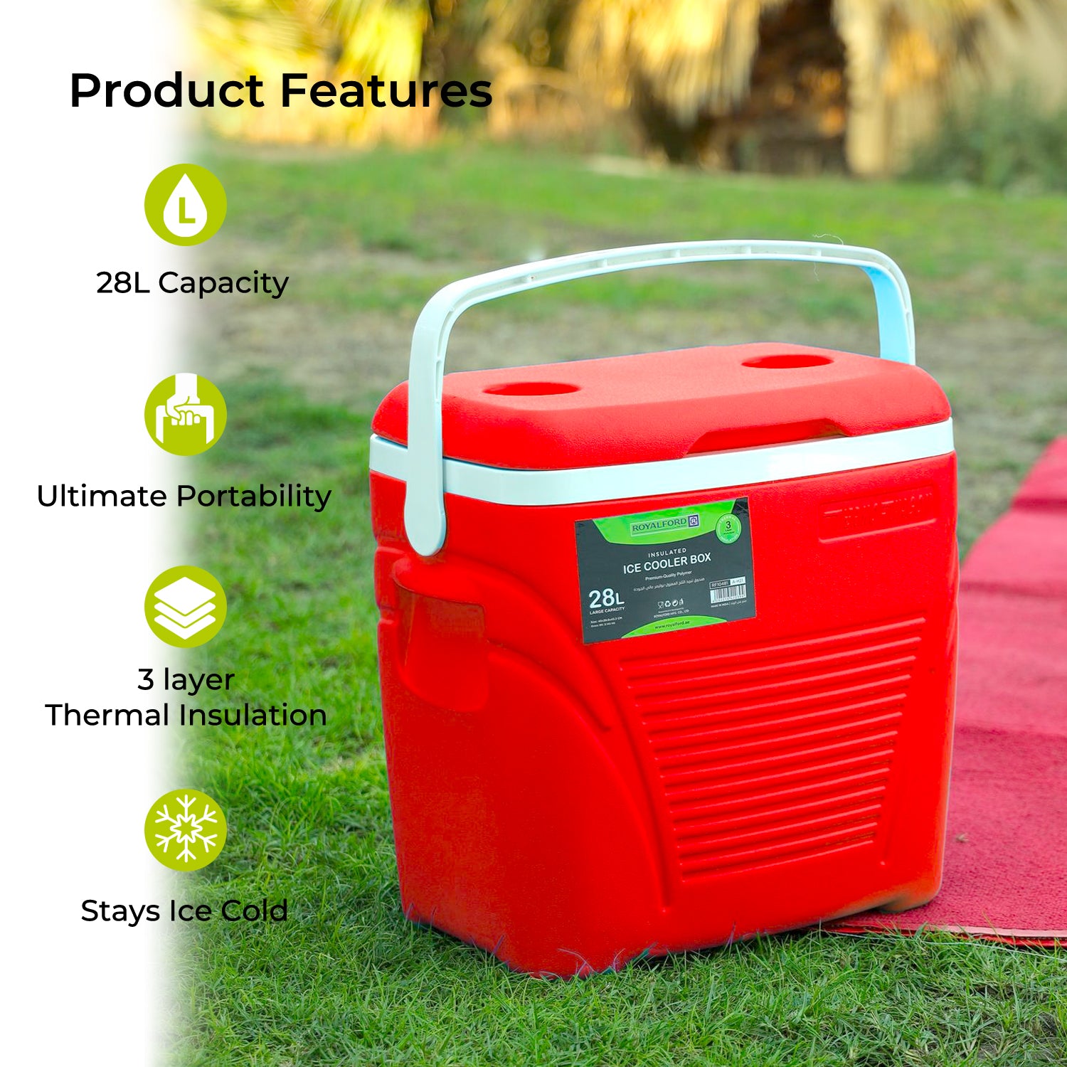 Royalford 28L Red Insulated Ice Cooler Box Coolers