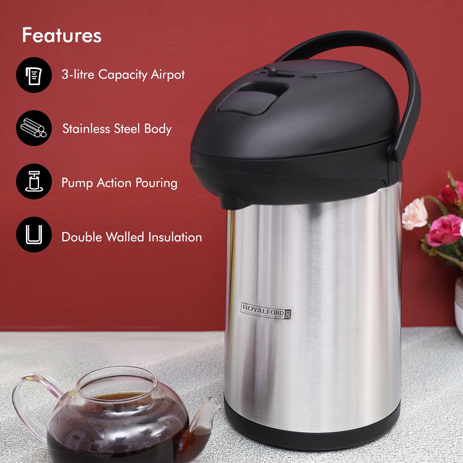 Rectangular Airpot 3L Insulated Airpot Catering Flask & Hot Water Tank | Royalford UK