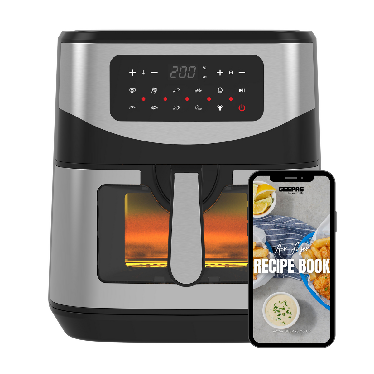 9.2L digital vortex air fryer on a white background with a phone showing the free air fryer recipe book in front of it.